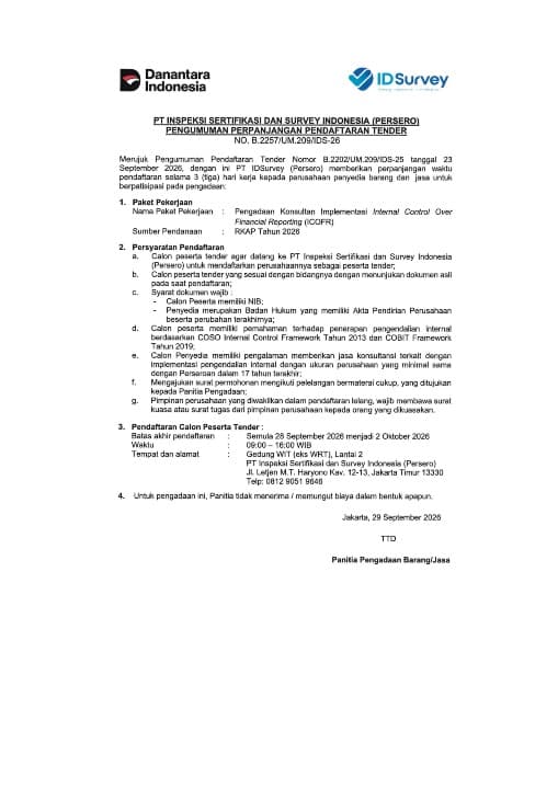 Pengumuman Perpanjangan Pendaftaran Tender Pengadaan Konsultan Implementasi ICOFR