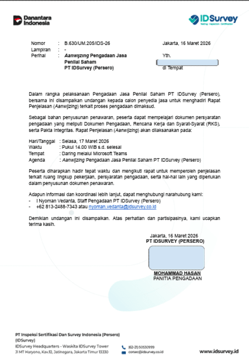 Aanwijzing Pengadaan Jasa Penilai Saham