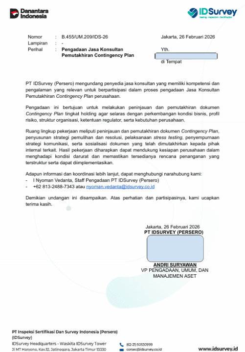 Pengadaan Jasa Konsultan Pemutakhiran Contingency Plan
